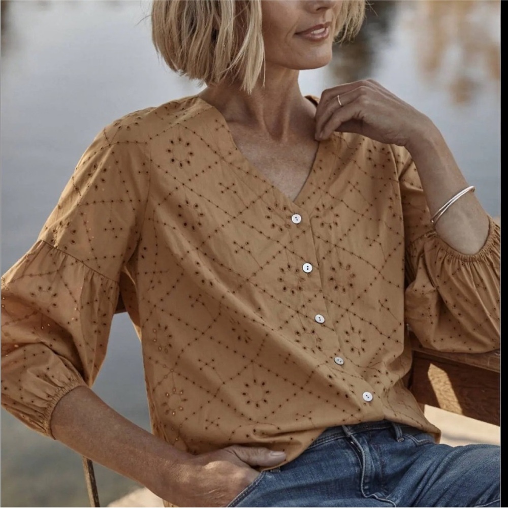 J. Jill Eyelet V-Neck Button-Front Cotton Top Brown